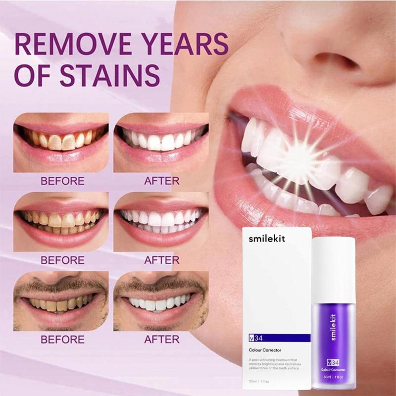 30ml V34 Purple Whitening Toothpaste Remove Stains Reduce Yellowing Care For Teeth Gums Fresh Breath Brightening Teeth 2023