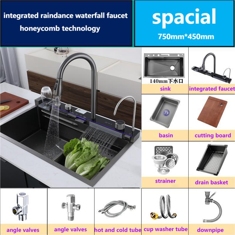 Cocina Integrated Waterfall Kitchen Sink Honeycomb Technology Large Digitial Display Stainless Steel Soap Dispenser Cup Washer